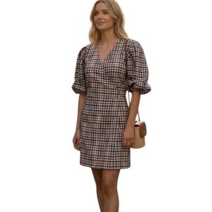 Gianni Bini Multicolor Checkered Puff Sleeves Wrap Dress